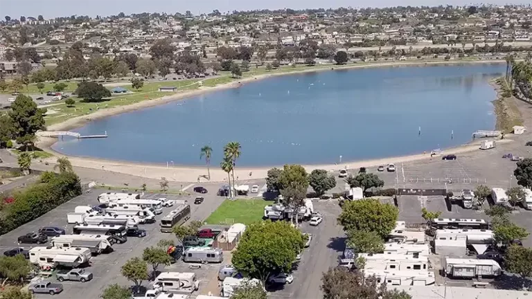 RV campsites and streets line towards the cove