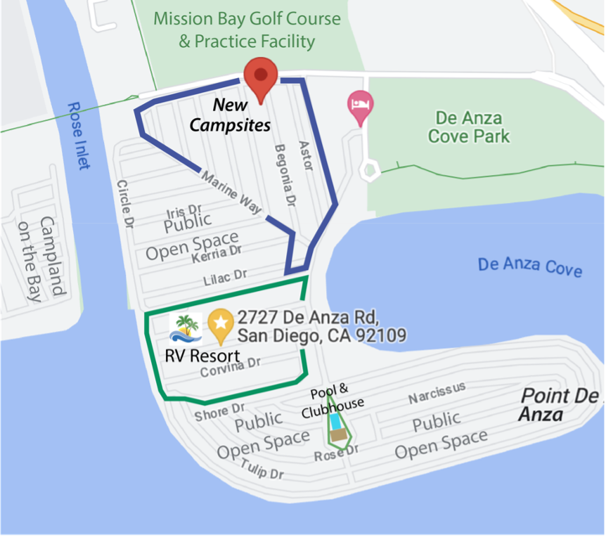 De Anza Cove area map with new interim campsites location