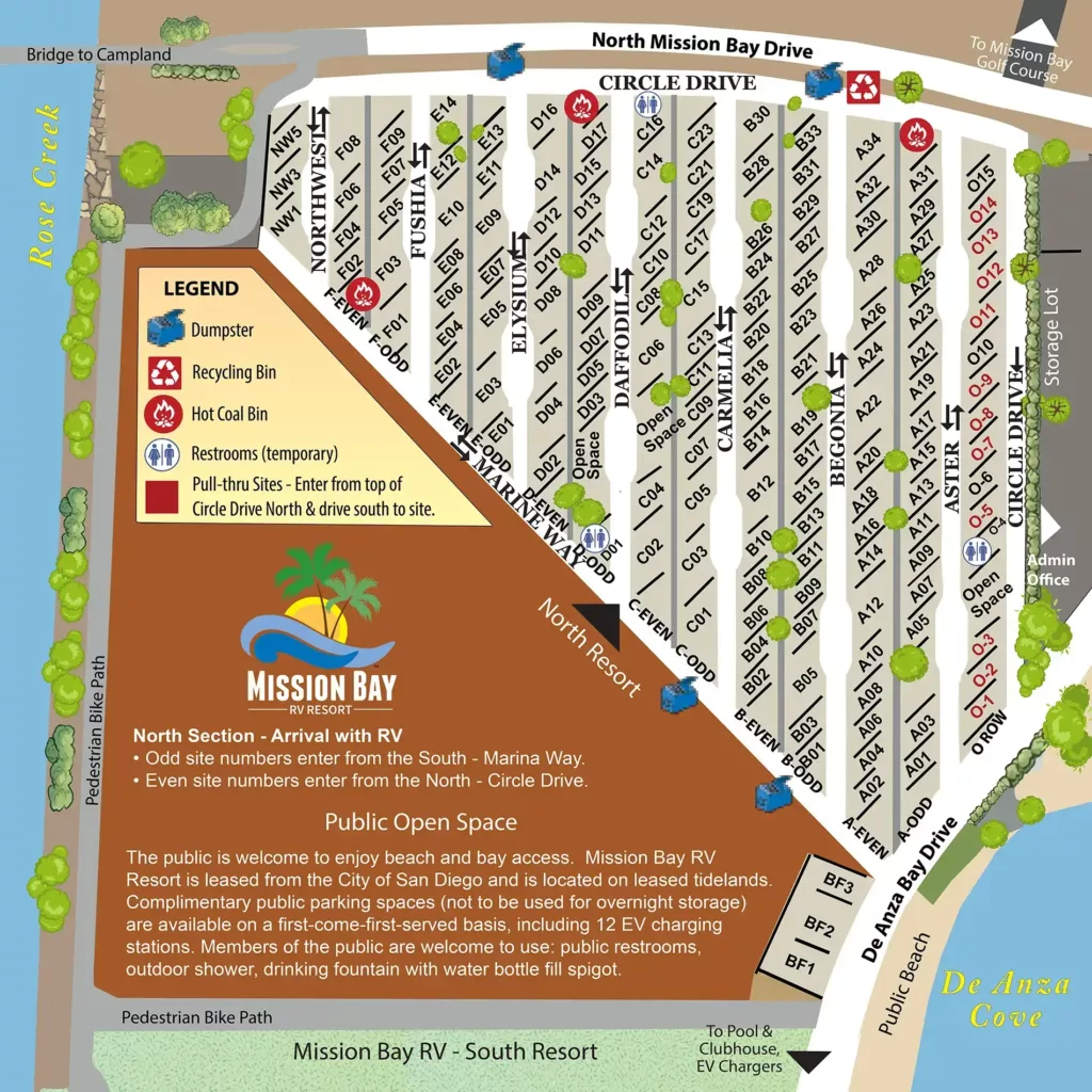 Map showing site locations and amenities for Mission Bay RV Resort's North section