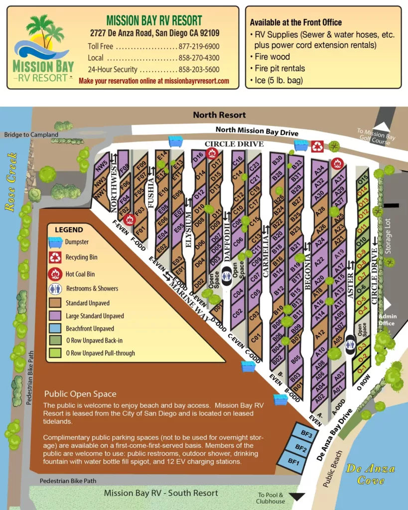 Mission Bay RV Resort North with site types by color