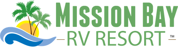 Mission Bay RV Resort logo with palm tree and wave design